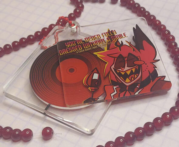 CD case charm with spinning CD inside, inspired by Hazbin Hotel